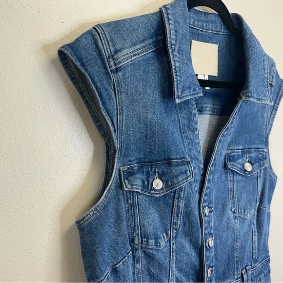 PAIGE Jaxson Blue Denim Mini Dress Womens 10 Vneck Cotton Pockets Classic - Picture 9 of 12